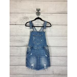 Risen Women's Blue Distressed Fray Hem Denim Overall Dress Size Large